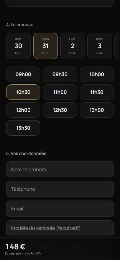 Choix du créneau dans la démo : jours puis heures libres