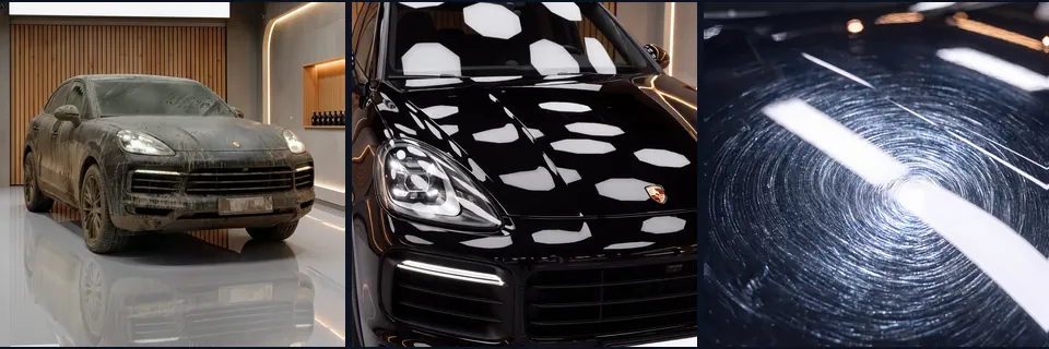 Trois photos d’atelier : une Porsche couverte de boue, la même lavée, un capot rayé avant polissage
