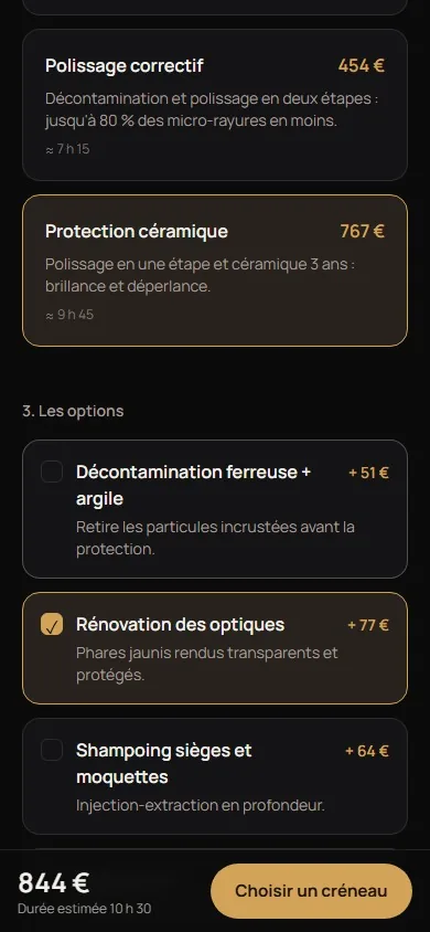 Configurateur de la démo : formules avec leur prix pour un SUV et options cochées