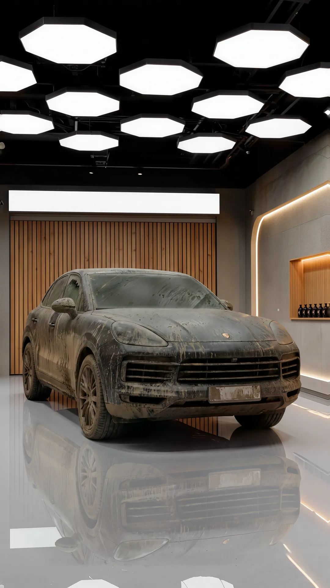 Porsche Cayenne couverte de boue dans l’atelier